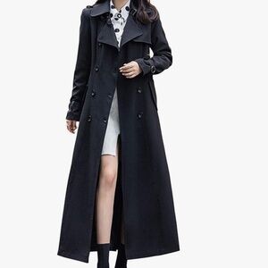 NWT Ebossy Black Double-Breasted Trench Coat Long Duster Maxi Size Large